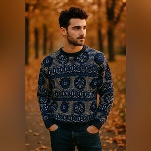 Vintage men’s grandpa sweater knit blue design EUC